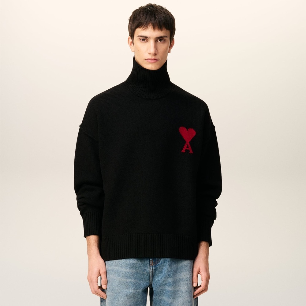 Ami Alexandre Mattiussi Black Wool Ami De Coeur Funnel Neck Sweater Heart Size L